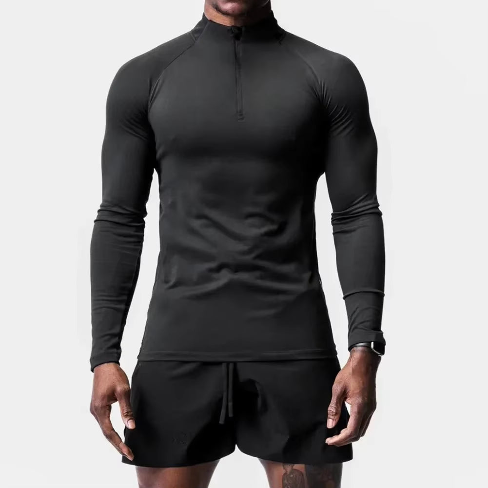Tee Men T-Shirt Active Sports Tops Casual Gym Half High Collar Muscle Long Sleeve Polyester Quick Drying Slim Fit