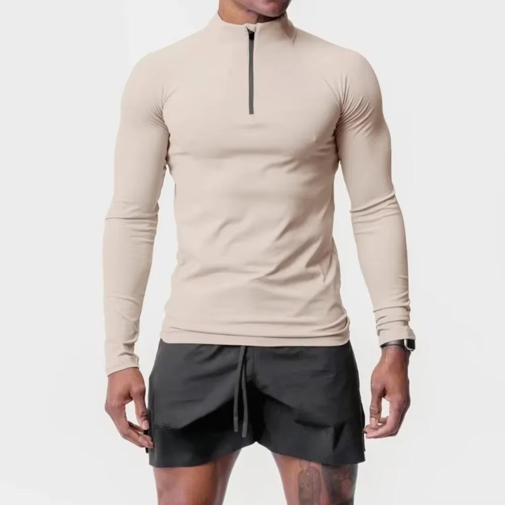 Tee Men T-Shirt Active Sports Tops Casual Gym Half High Collar Muscle Long Sleeve Polyester Quick Drying Slim Fit