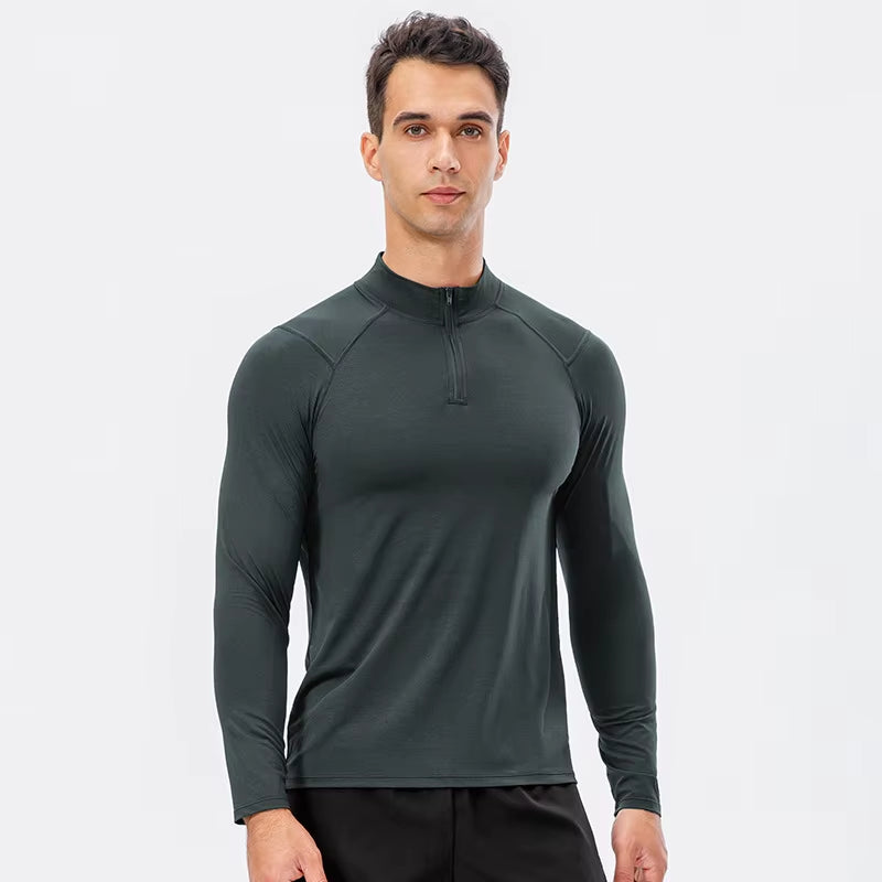 Men'S Autumn Fitness Long-Sleeved Quick-Dry Running Tops Half-Zipper Slim-Fit Training Sweatshirt Baselayer Undershirts