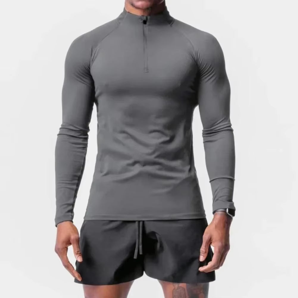 Tee Men T-Shirt Active Sports Tops Casual Gym Half High Collar Muscle Long Sleeve Polyester Quick Drying Slim Fit