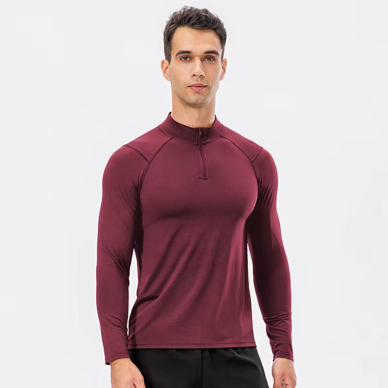 Men'S Autumn Fitness Long-Sleeved Quick-Dry Running Tops Half-Zipper Slim-Fit Training Sweatshirt Baselayer Undershirts