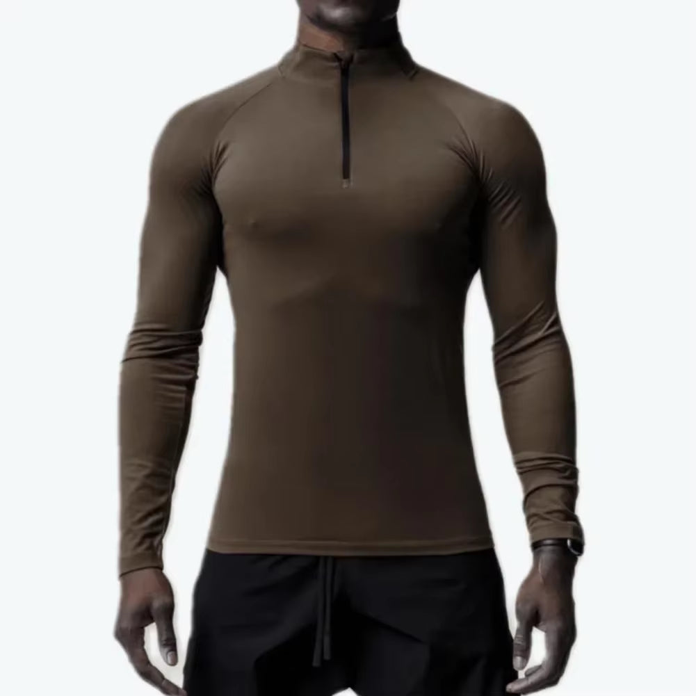 Tee Men T-Shirt Active Sports Tops Casual Gym Half High Collar Muscle Long Sleeve Polyester Quick Drying Slim Fit